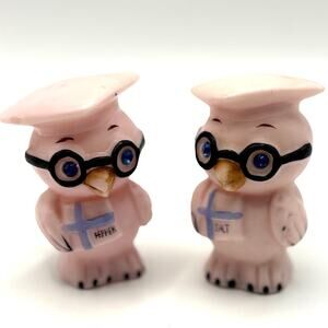 VTG 1950's Ceramic Pink Owl Salt & Pepper Shakers w/Grad Cap, Rhinestone Eyes